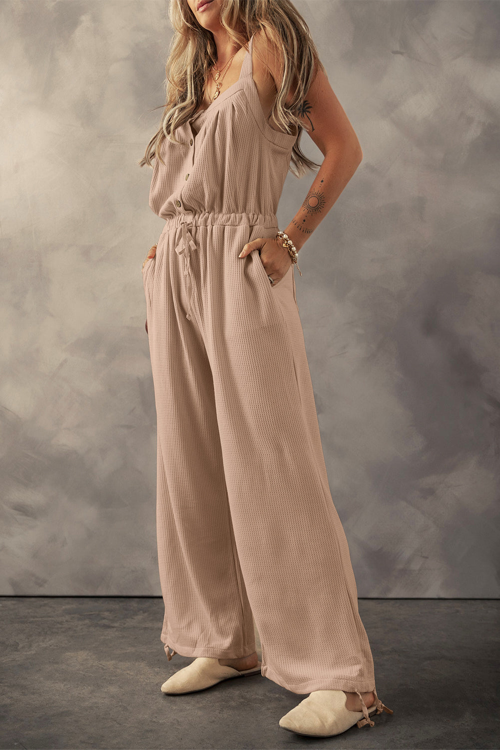 Pale Khaki Knotted Straps Button Textured Drawstring Jumpsuit - SELFTRITSS   