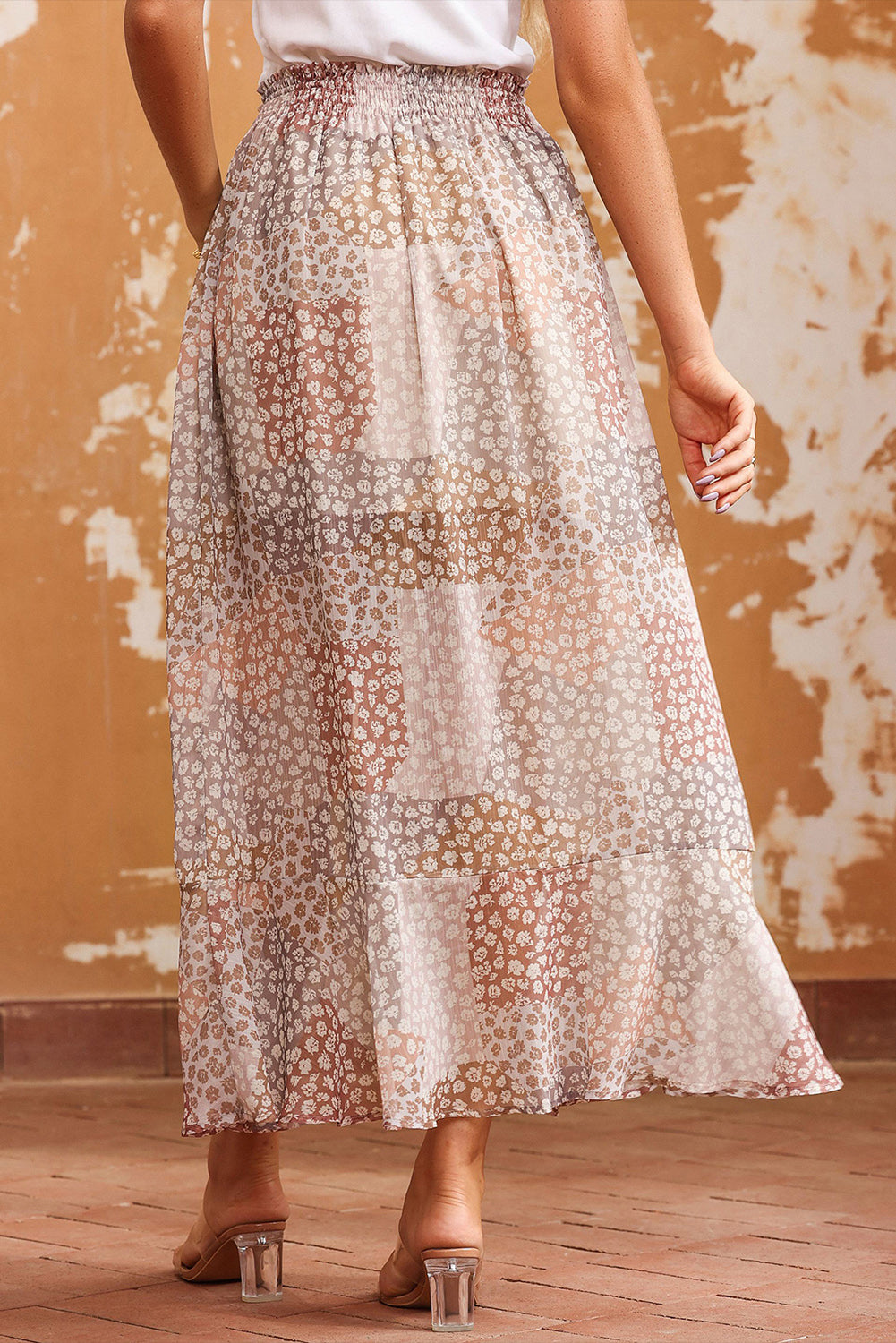 Apricot Boho Flower Print Smocked Waist Button Slit Maxi Skirt - SELFTRITSS