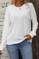 White Round Neck Drop Shoulder Textured Knit Top - SELFTRITSS