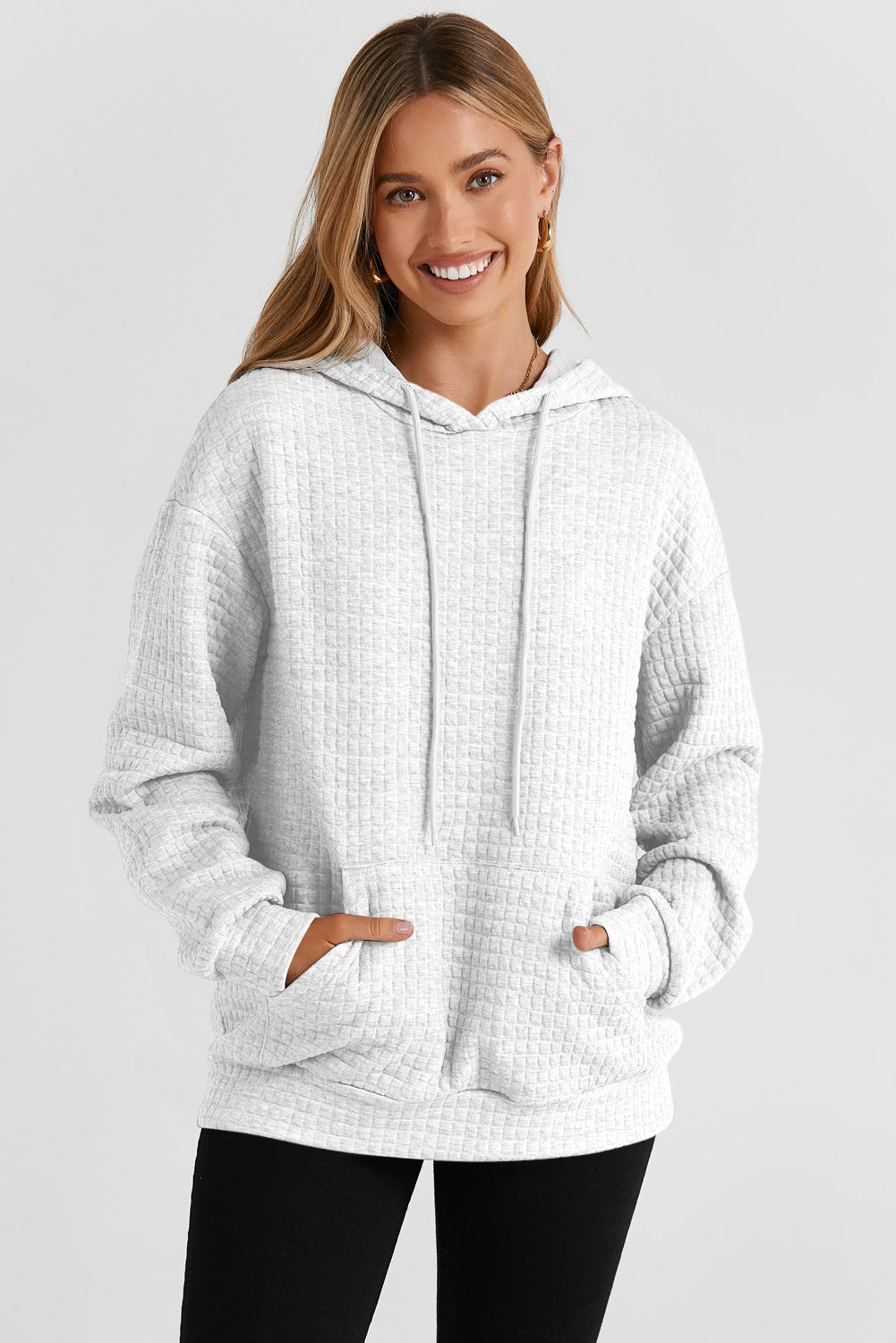 White Quilted Kangaroo Pocket Drawstring Hoodie - SELFTRITSS