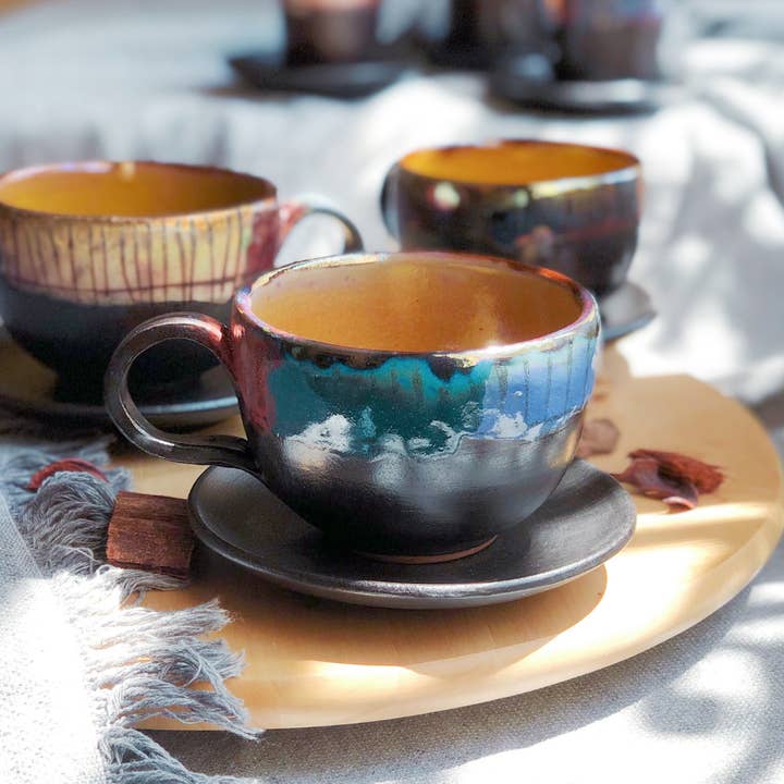 Black Cappuccino Cup & Saucer Set w/ Art Rim