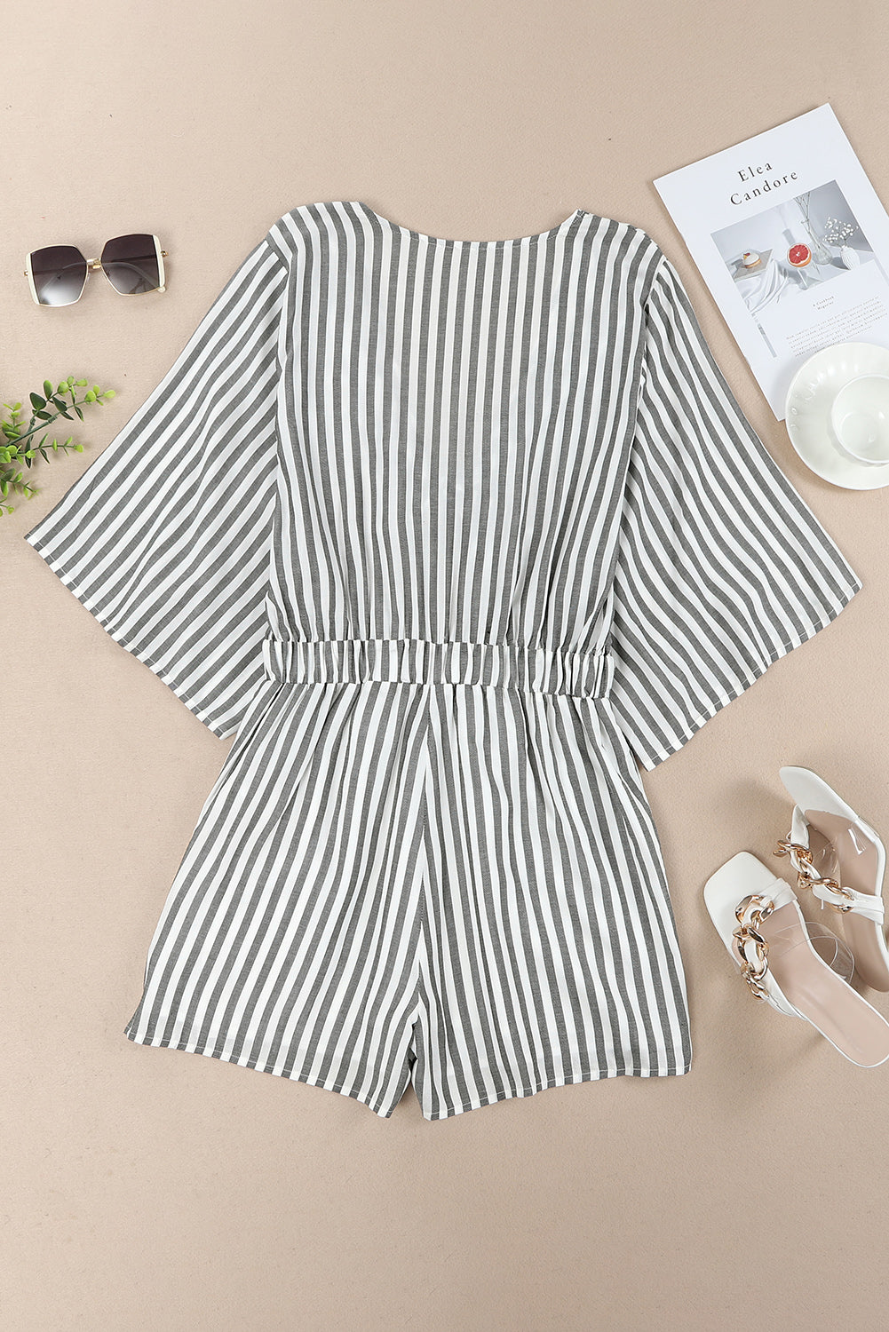 Tied Striped Three-Quarter Sleeve Romper - SELFTRITSS