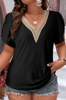Black Guipure V Neck Plus Size Eyelet Embroidered Top - SELFTRITSS