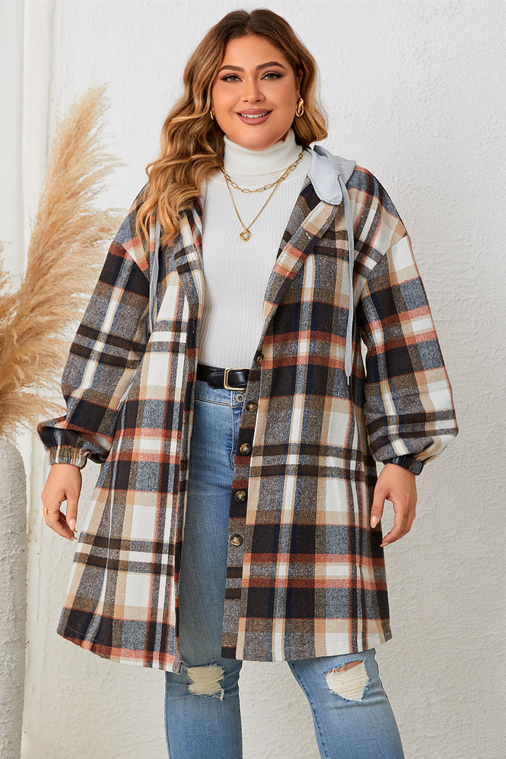 Plus Size Honey Plaid Drop Shoulder Hooded Coat