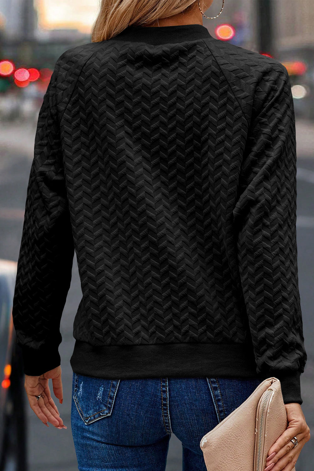 Black Solid Textured Raglan Sleeve Pullover Sweatshirt - SELFTRITSS