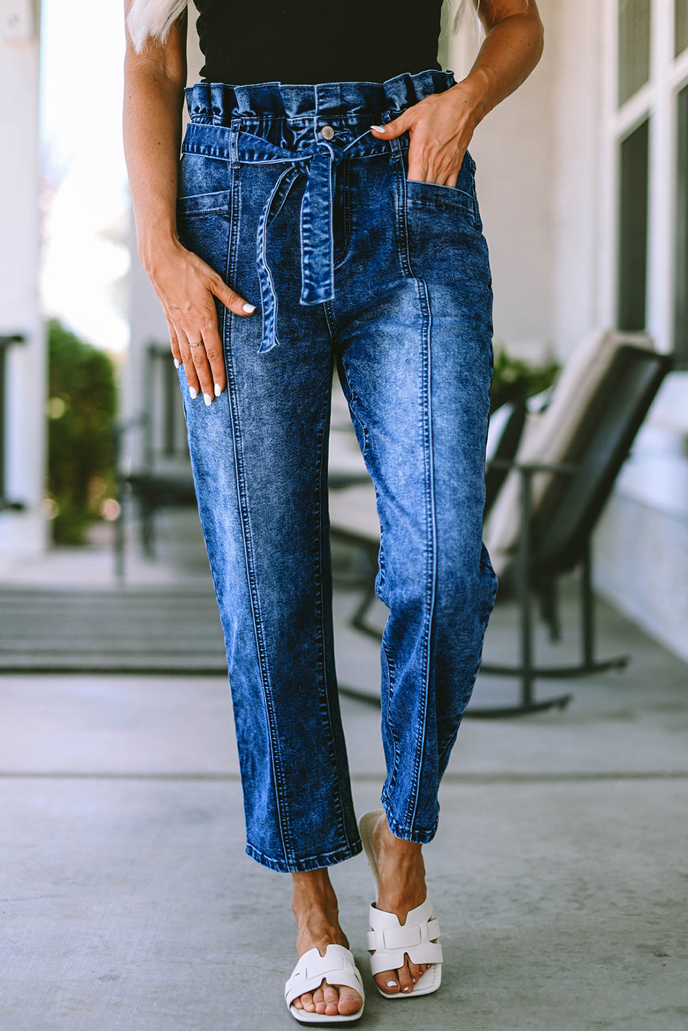 Blue Seamed Stitching High Waist Knot Skinny Jeans - SELFTRITSS
