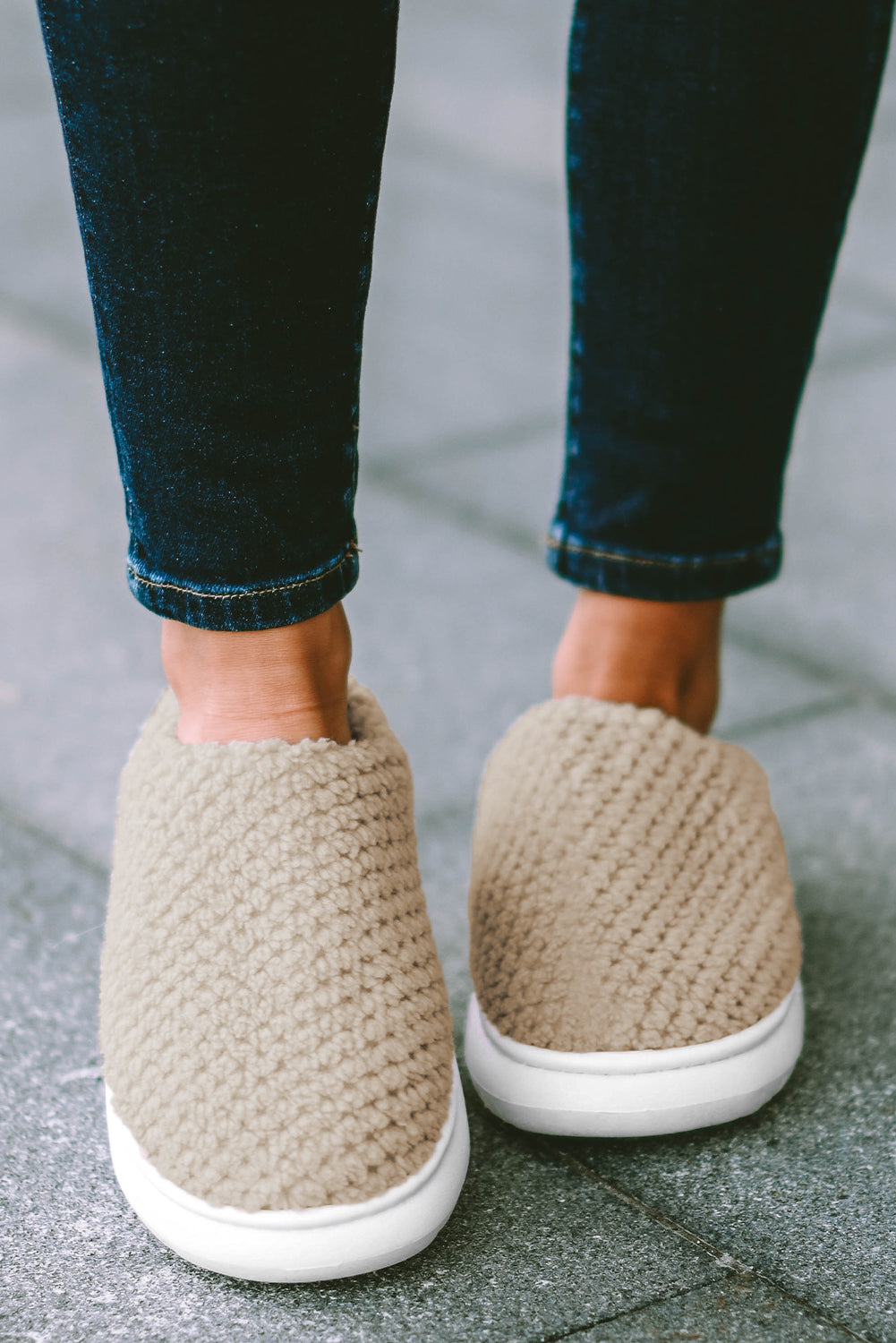 Pale Khaki Two-tone Knitted Warm Homewear Slippers - SELFTRITSS