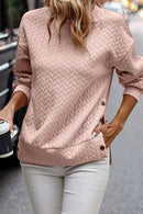 Pale Chestnut Side Buttons Cable Textured Sweatshirt - SELFTRITSS