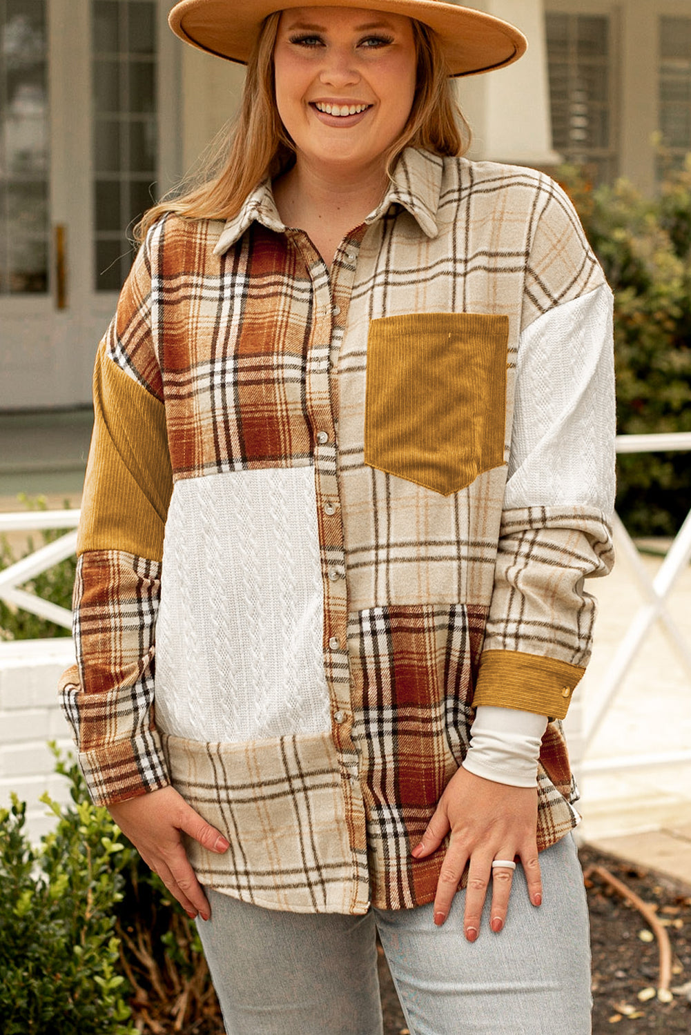 Golden Apricot Plus Size Plaid Patchwork Button up Shacket - SELFTRITSS   