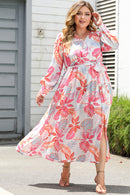 Multicolor Tropical Palm Print Tie High Waist Plus Size Maxi Dress - SELFTRITSS