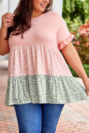 Pink Ruffled Short Sleeve Leopard Splicing Flowy Plus Size Top - SELFTRITSS   