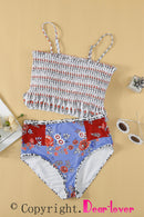 White Printed Smocked High waisted swimsuits - SELFTRITSS