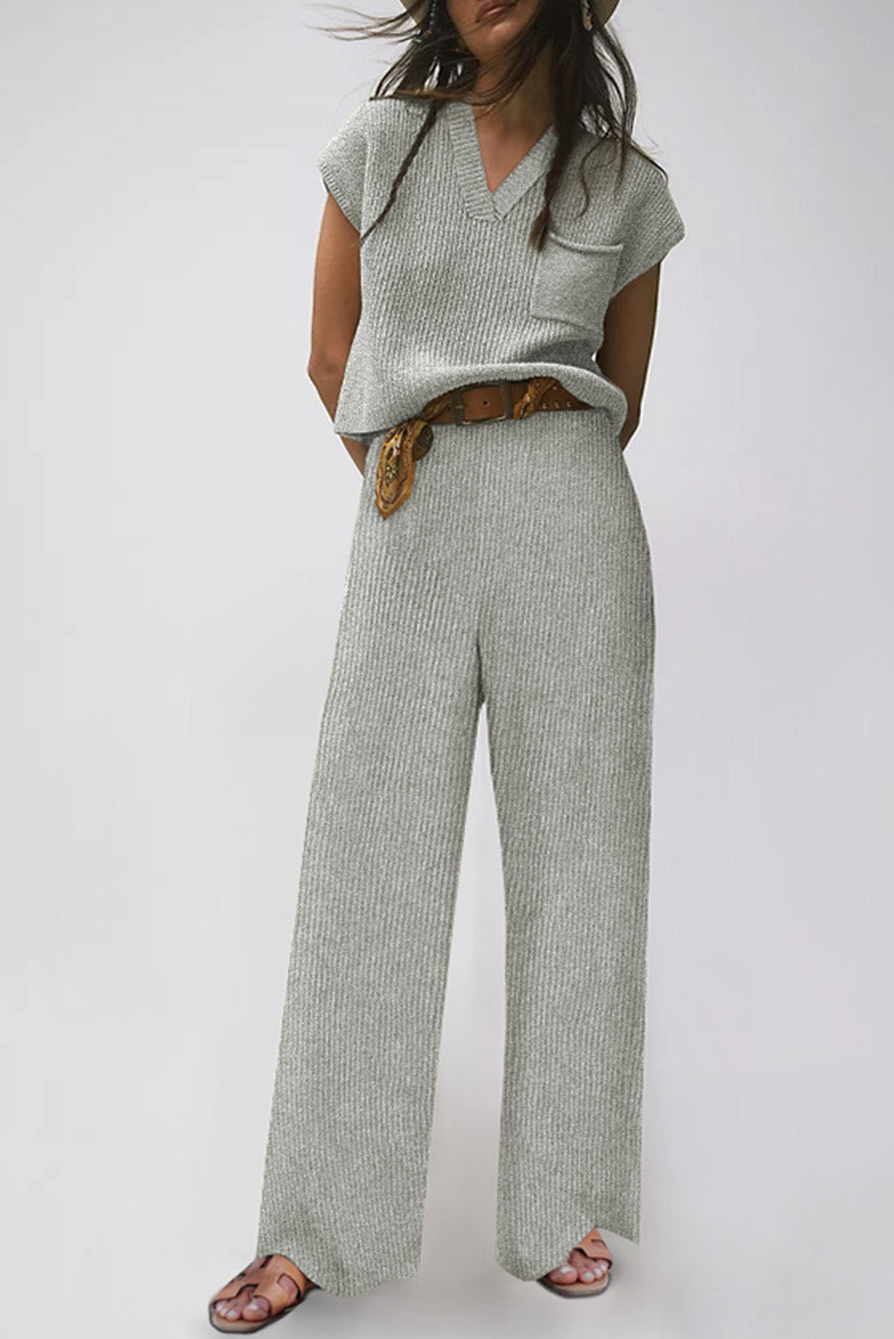 Gray Knitted V Neck Sweater and Casual Pants Set - SELFTRITSS