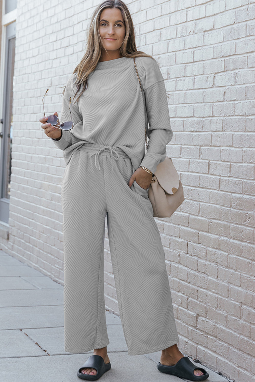 Gray Ultra Loose Textured 2pcs Slouchy Outfit - SELFTRITSS