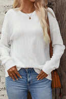 White Round Neck Drop Shoulder Textured Knit Top - SELFTRITSS