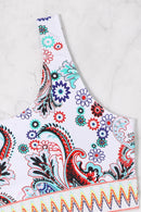 White Boho Paisley Contrast Trimmed One-shoulder Bikini - SELFTRITSS