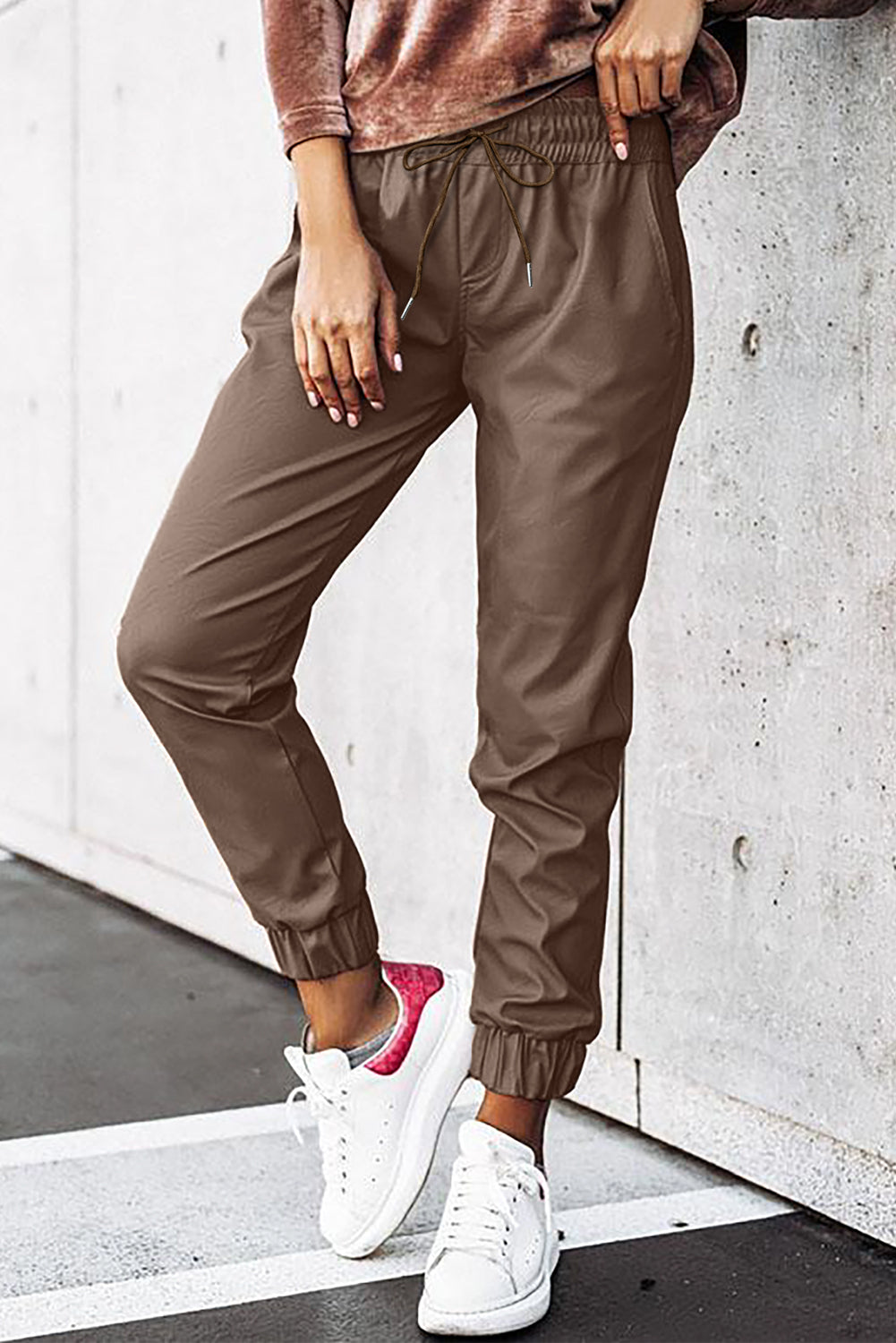 Brown Leather Tie Waist Jogger Pants - SELFTRITSS