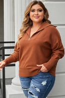 Brown Solid Ribbed Trim Plus Size Zip Collar Sweater - SELFTRITSS