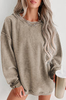 Khaki Solid Ribbed Knit Round Neck Pullover Sweatshirt - SELFTRITSS