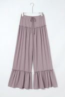 Khaki Frilled Drawstring High Waist Wide Leg Pants - SELFTRITSS   