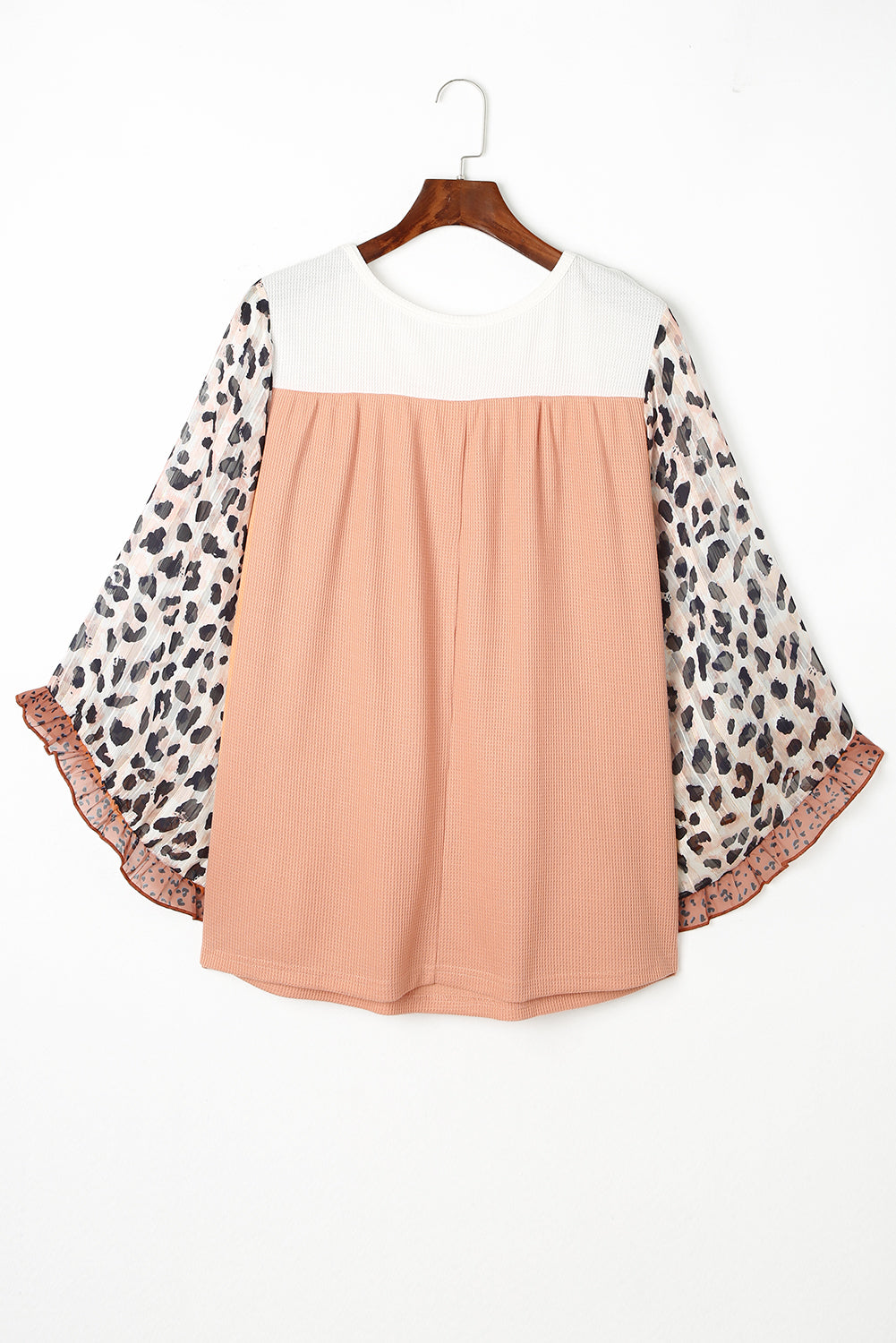 Khaki Printed Plus Ruffle Leopard Sleeve Waffled Color Block Top - SELFTRITSS   