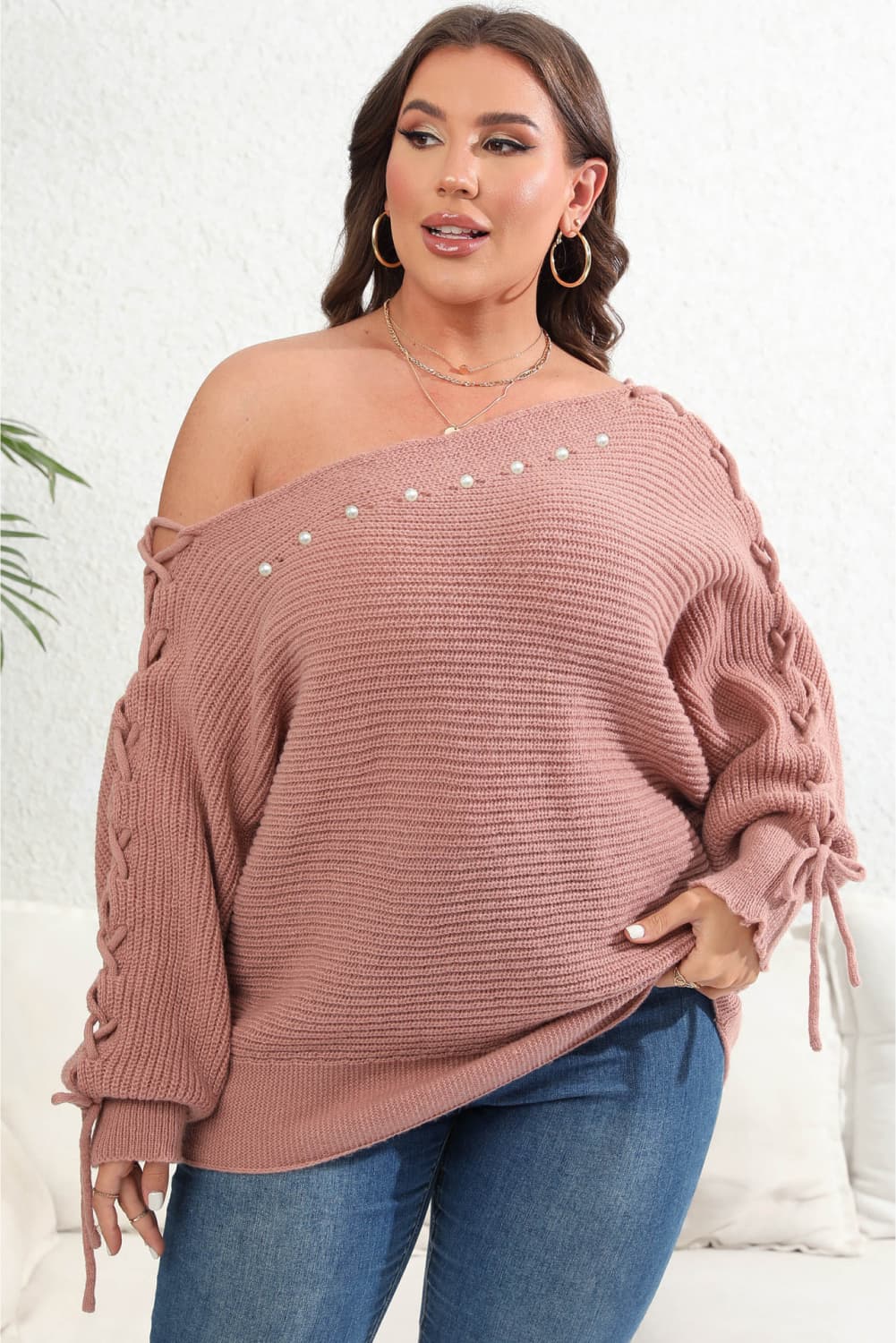 Plus Size One Shoulder Beaded Sweater - SELFTRITSS