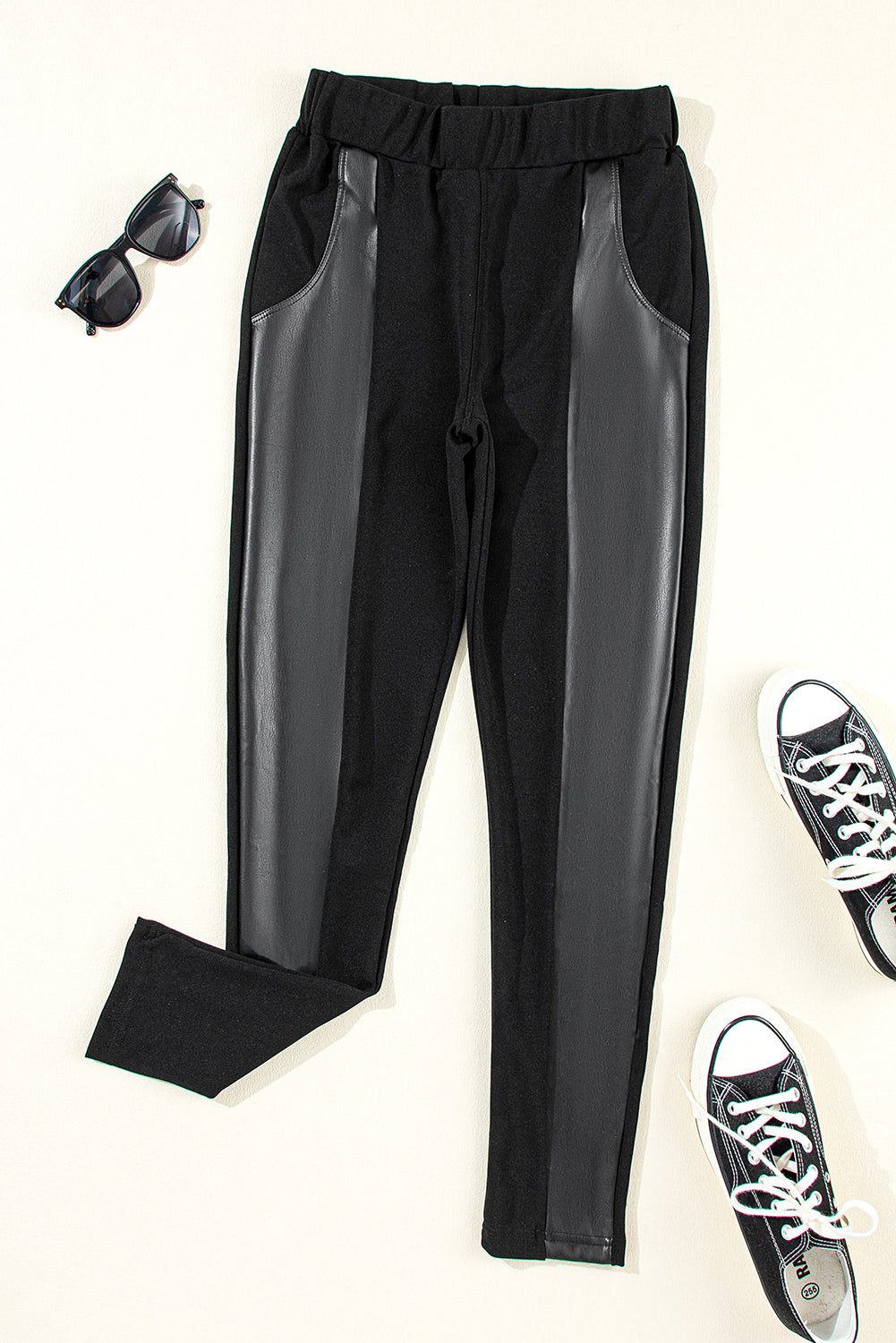 Black Leather Panel Patchwork High Waist Leggings - SELFTRITSS