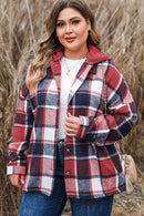 Red Printed Plus Size Plaid Button up Hooded Jacket - SELFTRITSS