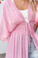 Light Pink Lace Splicing Open Front Maxi Kimono - SELFTRITSS