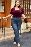 Burgundy Velvet Bubble Sleeve U Neck Plus Size Top - SELFTRITSS