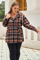 Fiery Red Plus Size Plaid Kangaroo Pocket Drawstring Hoodie - SELFTRITSS   