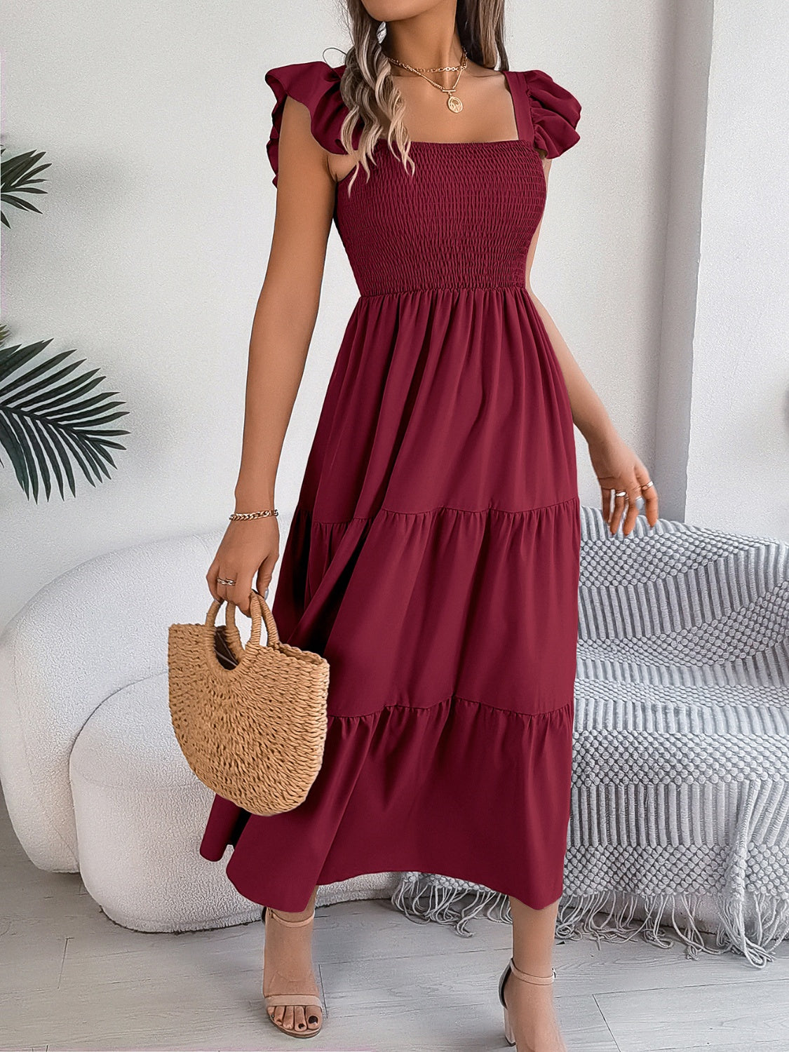 Smocked Square Neck Cap Sleeve Midi Dress - SELFTRITSS   