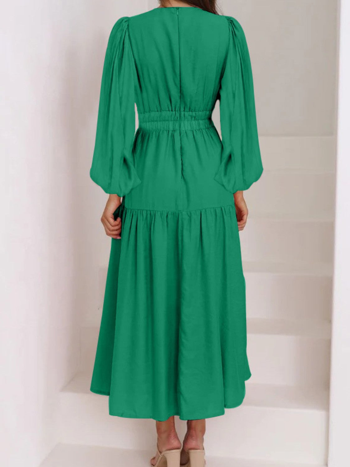 Deep V-Neck Balloon Sleeve Plain Maxi Dress - SELFTRITSS   