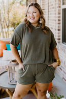 Moss Green Plus Size Rib Knit Short Sleeve Top and Shorts Set - SELFTRITSS
