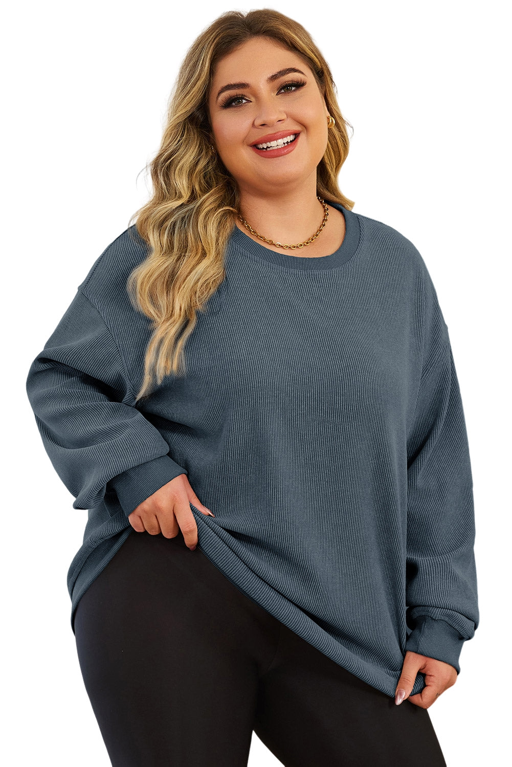 Blue Plus Size Corded Round Neck Sweatshirt - SELFTRITSS