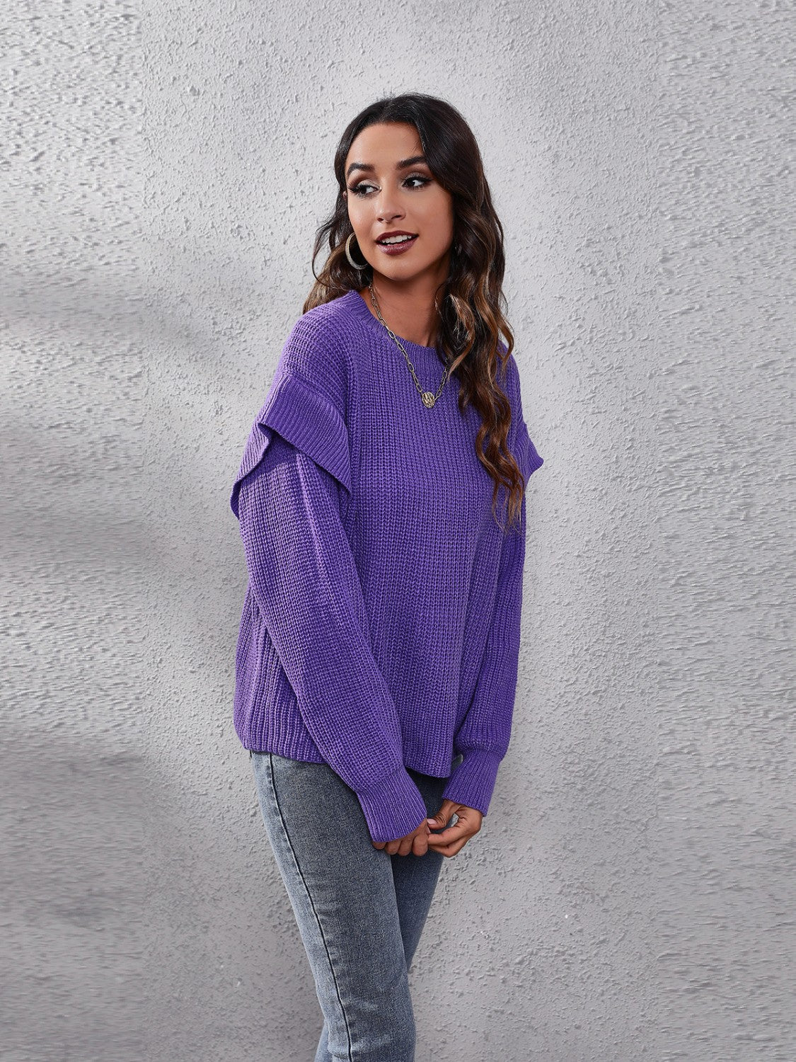 Lilac Chic Ruffled Long Sleeve Shoulder Sweater