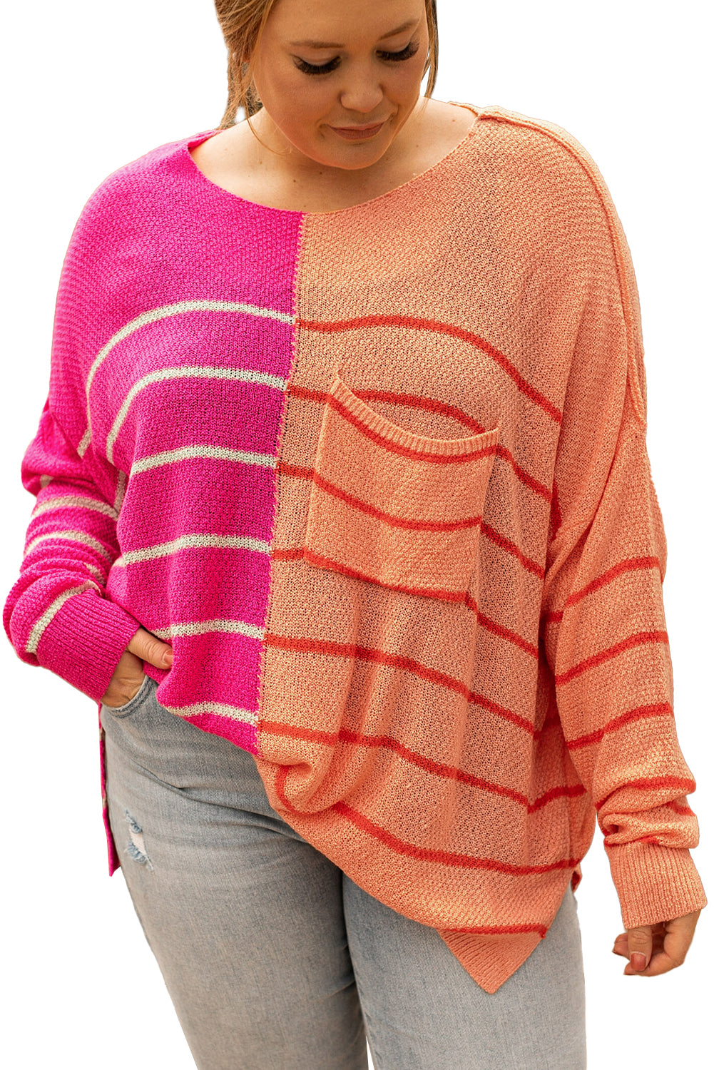 Yellow Plus Size Color Block Striped Patchwork Knit Sweater - SELFTRITSS