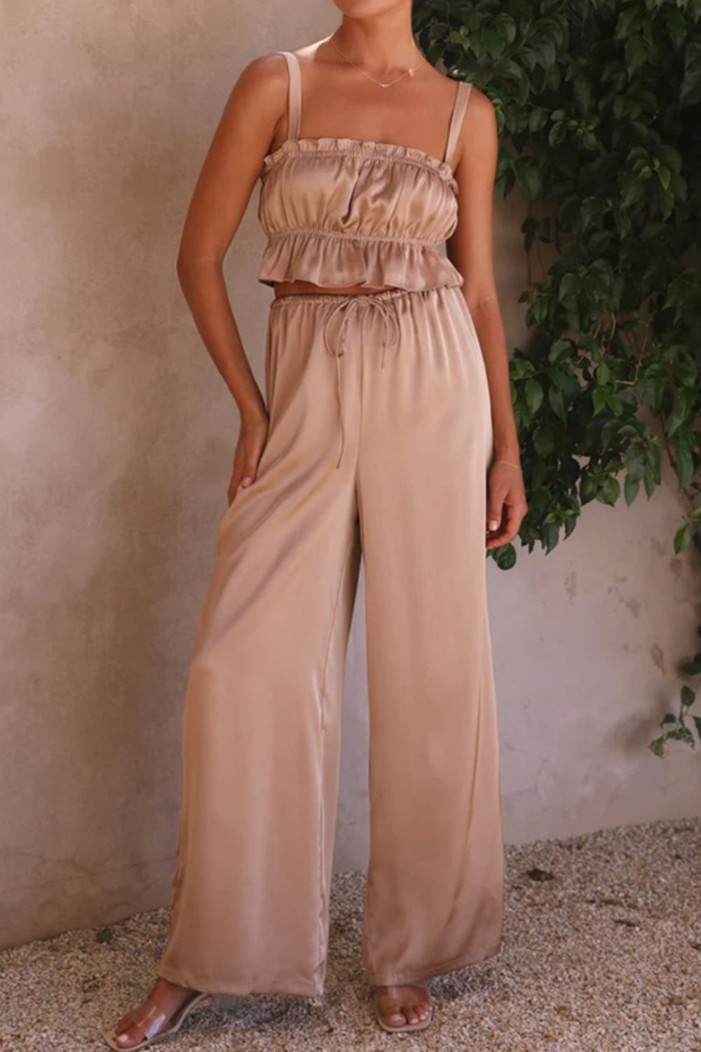 Ruffled Sleeveless Top and Wide Leg Pants Set - SELFTRITSS   