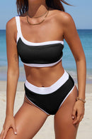 Contrast Trim Ribbed One-Shoulder Bikini Set - SELFTRITSS