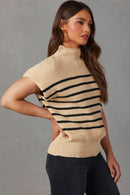 Parchment Striped Ribbed Knit High Neck Sweater - SELFTRITSS   