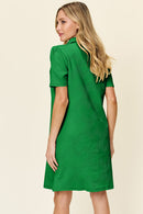 Double Take Full Size Texture Collared Neck Short Sleeve Dress - SELFTRITSS