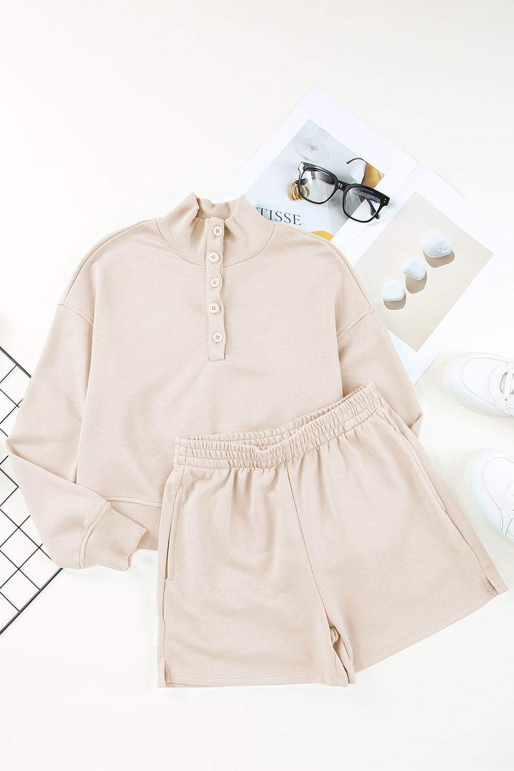 Apricot Casual High Neck Henley Top and Short Outfit - SELFTRITSS