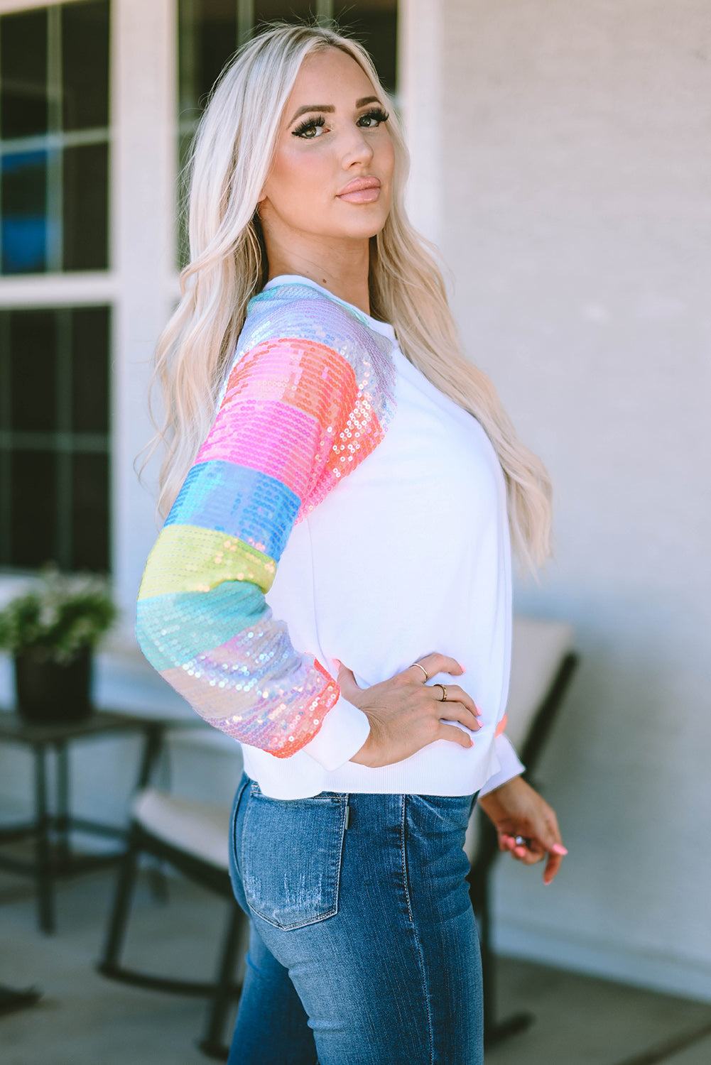 White Sequin Color Block Raglan Sleeve Pullover Sweatshirt - SELFTRITSS