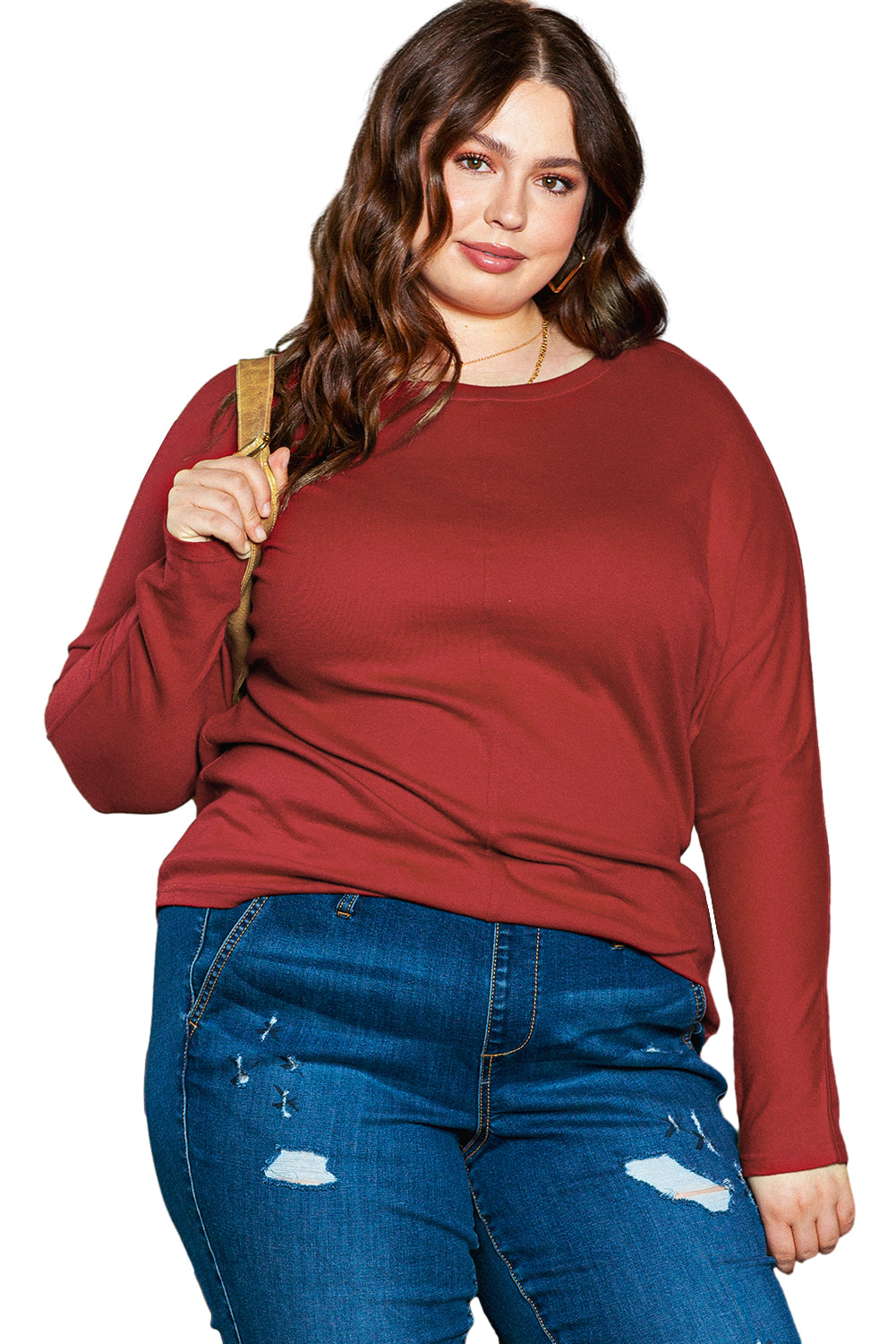 Red Dahlia Piping Detail Plus Size Long Sleeve Top - SELFTRITSS
