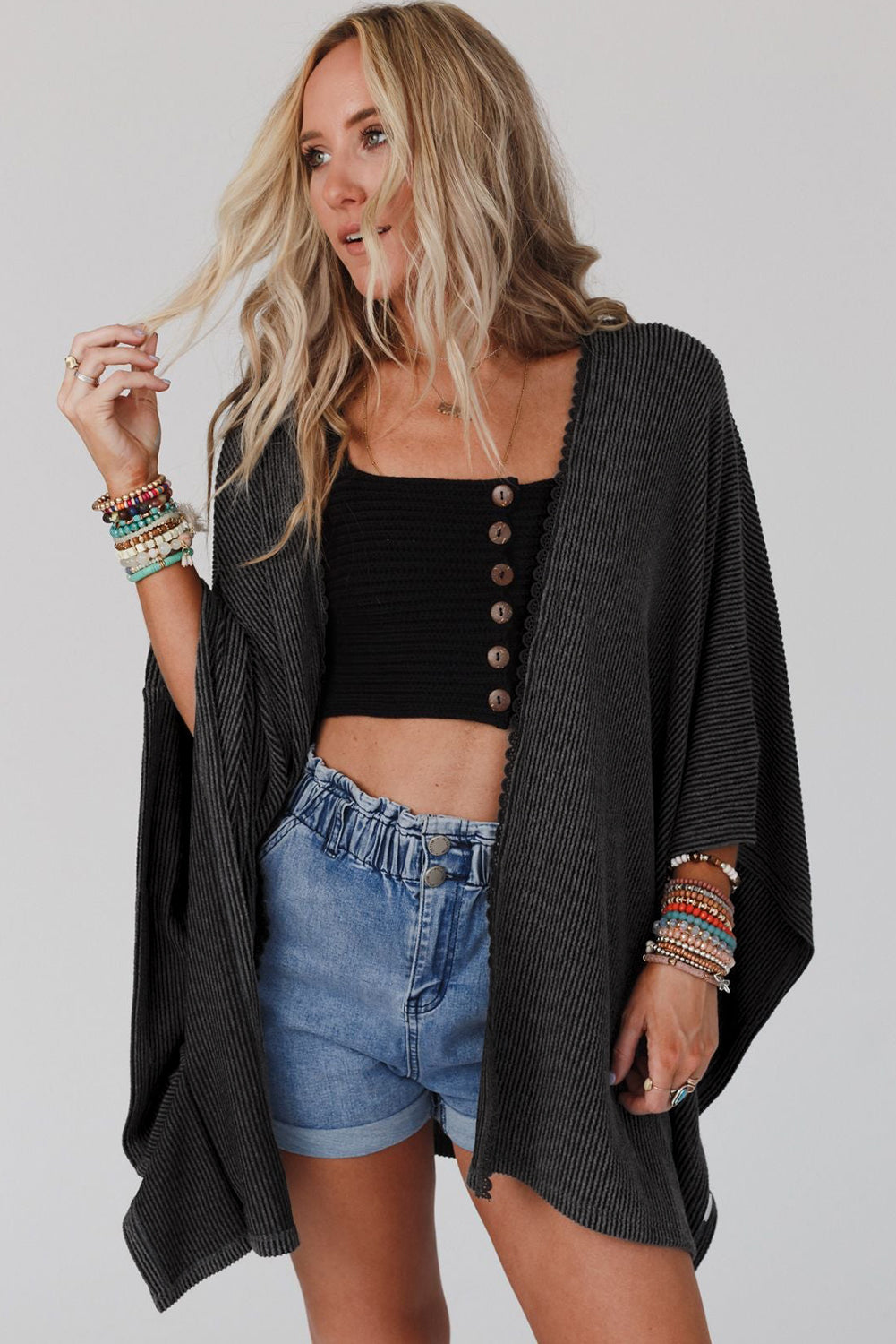 Black Lace Trim Ribbed Oversize Kimono - SELFTRITSS   