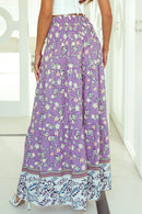 Purple Floral Print Shirred High Waist Maxi Skirt - SELFTRITSS