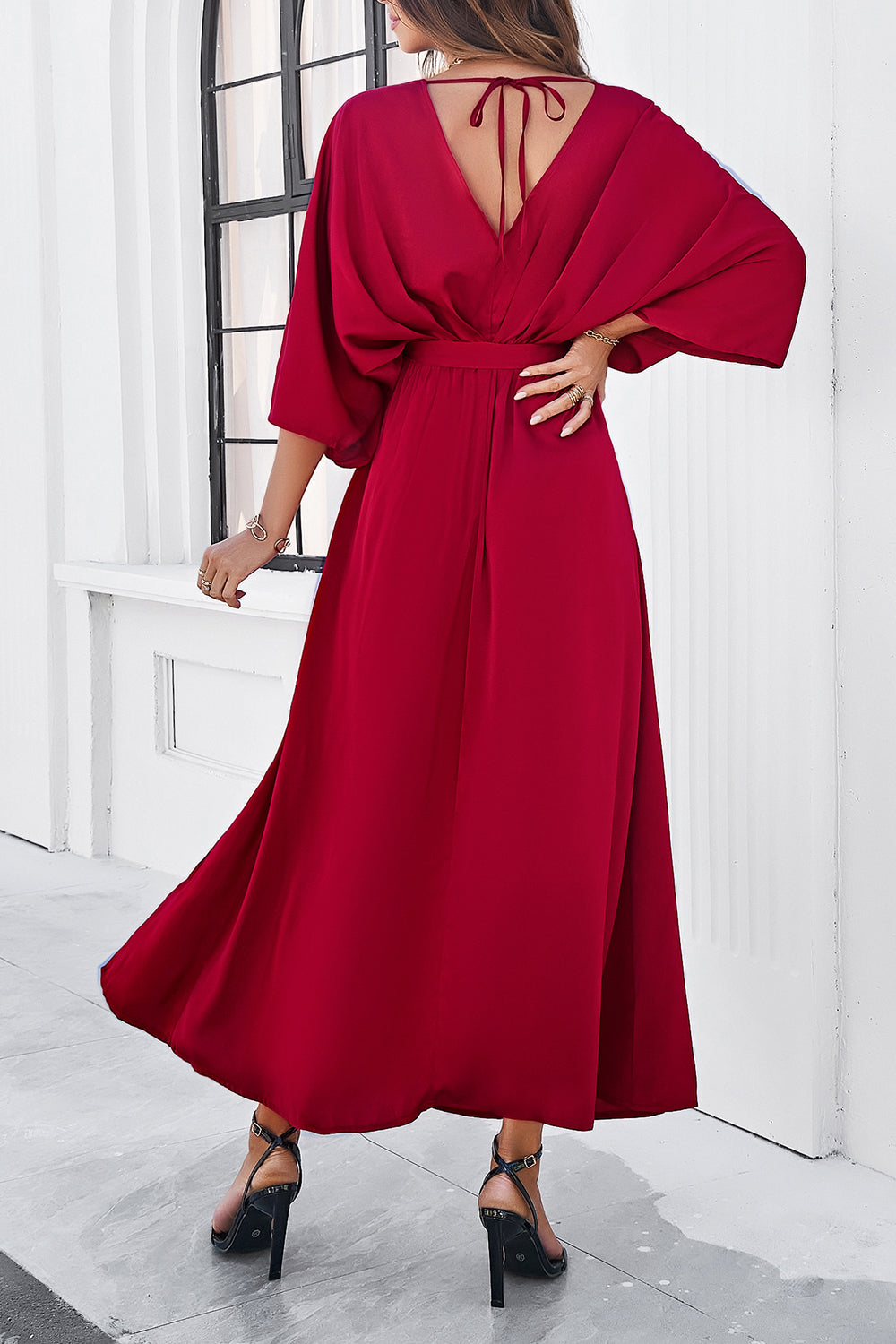 Slit Tied V-Neck Three-Quarter Sleeve Dress - SELFTRITSS