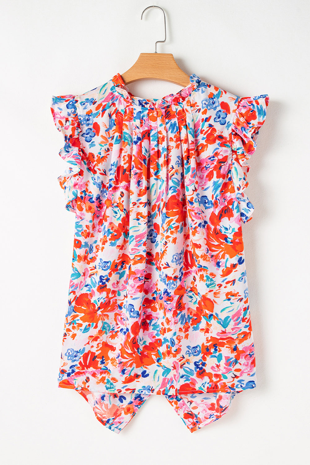 Red Frilled Neck Pleated Boho Floral Tank Top - SELFTRITSS   