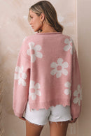 Multicolour Pearl Beaded Floral Drop Shoulder Sweater - SELFTRITSS