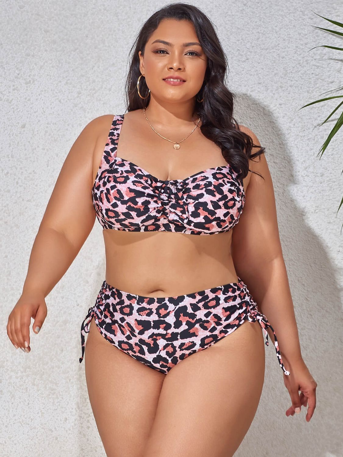 Plus Size Printed Drawstring Detail Bikini Set - SELFTRITSS   